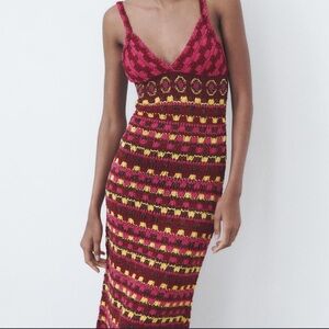 Zara Women’s Sleeveless Strappy Knit Midi Dress in Pink and Yellow sz M